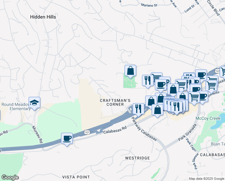 map of restaurants, bars, coffee shops, grocery stores, and more near 5096 Parkway Calabasas in Calabasas