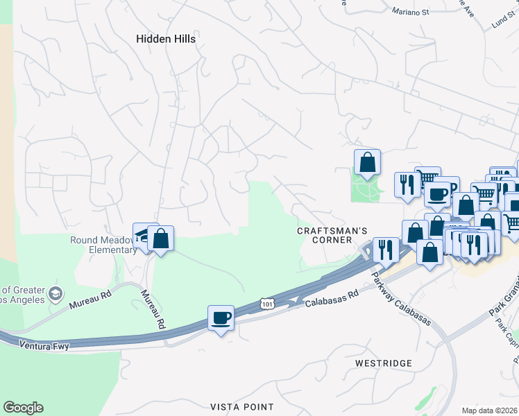 map of restaurants, bars, coffee shops, grocery stores, and more near 5003 Schumacher Road in Calabasas