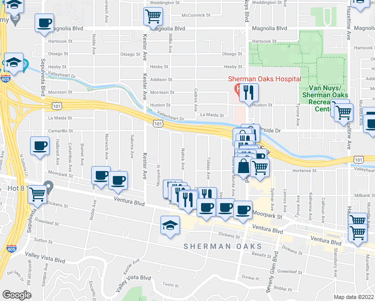 map of restaurants, bars, coffee shops, grocery stores, and more near 4711 Cedros Avenue in Los Angeles