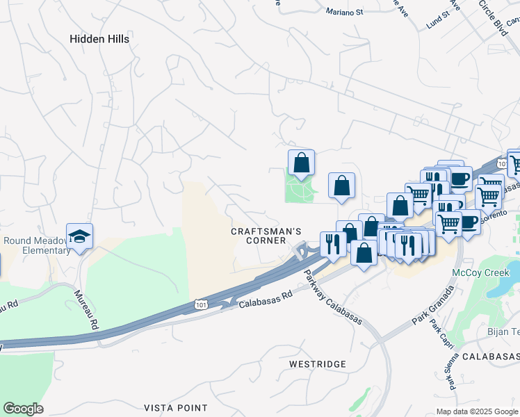 map of restaurants, bars, coffee shops, grocery stores, and more near 5096 Parkway Calabasas in Calabasas