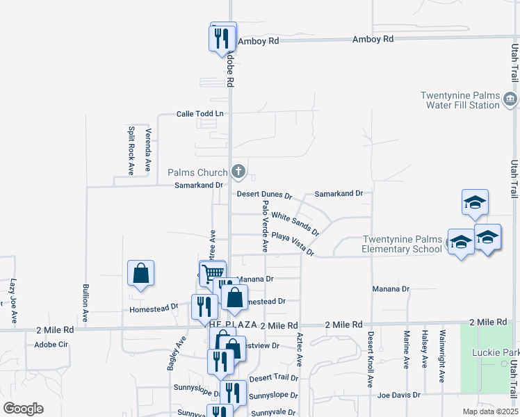 map of restaurants, bars, coffee shops, grocery stores, and more near 73790 White Sands Drive in Twentynine Palms