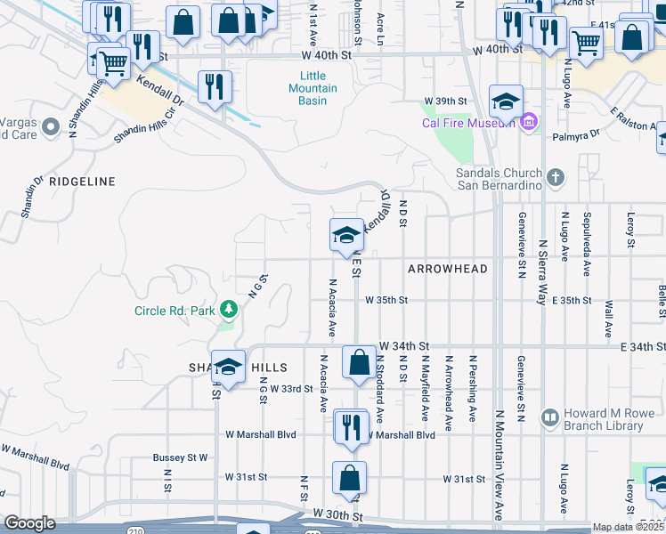 map of restaurants, bars, coffee shops, grocery stores, and more near 563 West 36th Street in San Bernardino