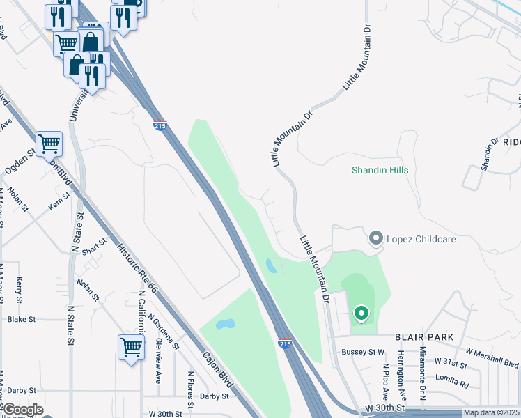 map of restaurants, bars, coffee shops, grocery stores, and more near 3578 Bond Street in San Bernardino