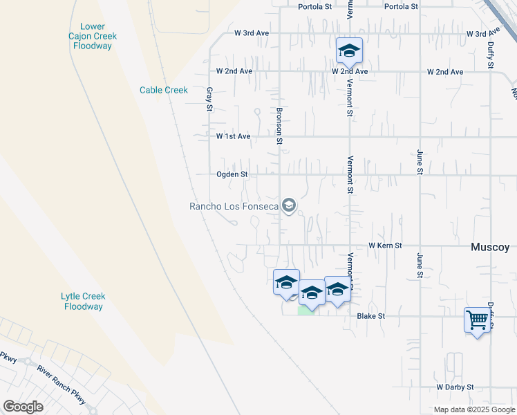 map of restaurants, bars, coffee shops, grocery stores, and more near 3280 Bronson Street in Muscoy