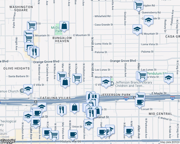 map of restaurants, bars, coffee shops, grocery stores, and more near 609 North Hill Avenue in Pasadena