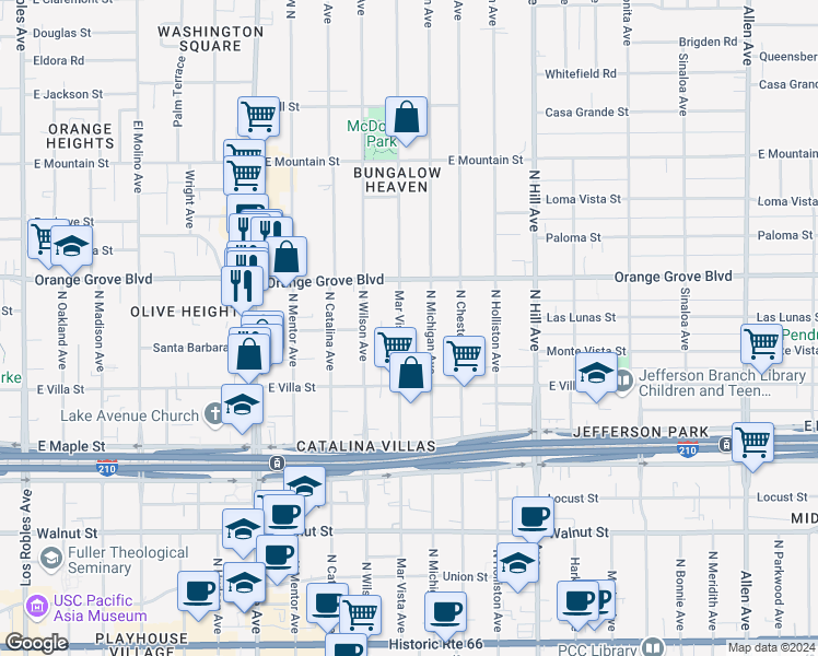 map of restaurants, bars, coffee shops, grocery stores, and more near 614 Mar Vista Avenue in Pasadena
