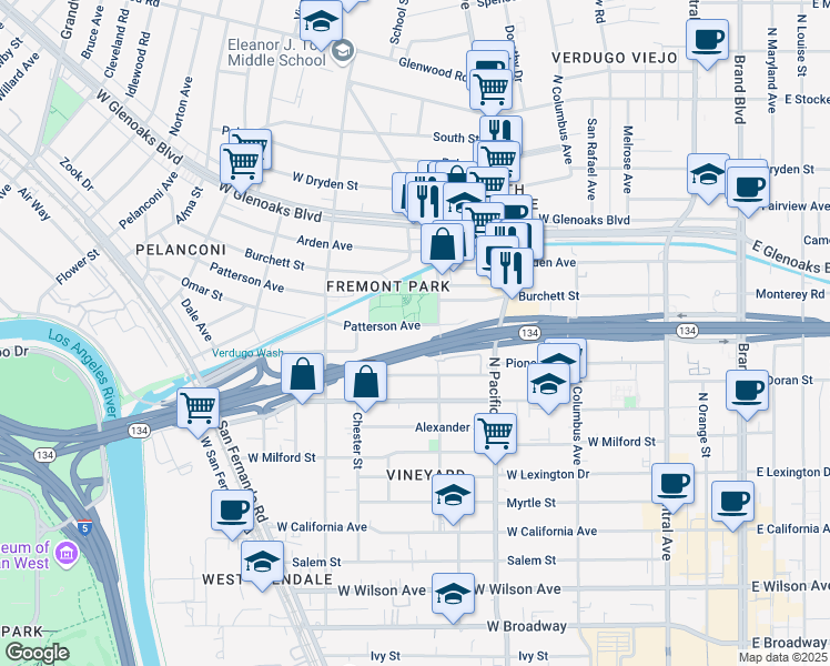 map of restaurants, bars, coffee shops, grocery stores, and more near 618 Patterson Avenue in Glendale