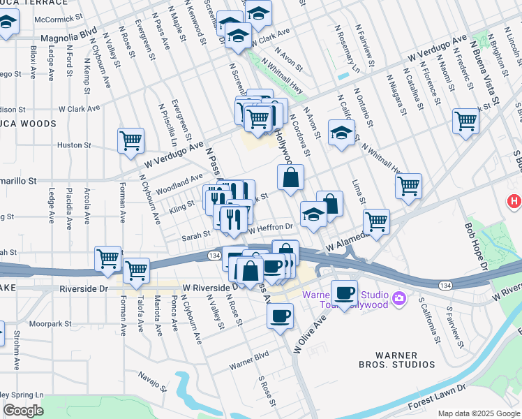 map of restaurants, bars, coffee shops, grocery stores, and more near 333C North Kenwood Street in Burbank