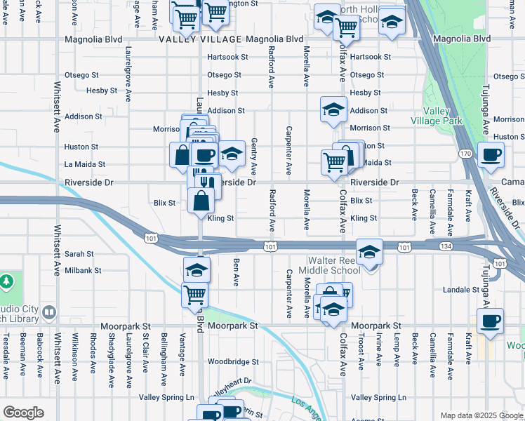 map of restaurants, bars, coffee shops, grocery stores, and more near 4720 Radford Avenue in Los Angeles