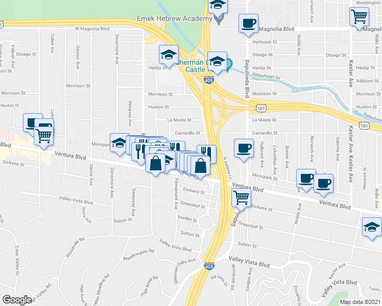 map of restaurants, bars, coffee shops, grocery stores, and more near 15456 Milbank Street in Los Angeles