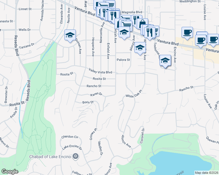 map of restaurants, bars, coffee shops, grocery stores, and more near 17961 Rancho Street in Los Angeles