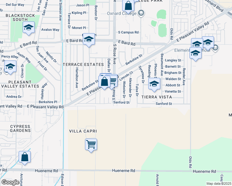 map of restaurants, bars, coffee shops, grocery stores, and more near 4831 Webster Drive in Oxnard