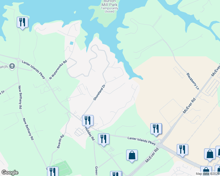 map of restaurants, bars, coffee shops, grocery stores, and more near 6120 Hutchins Drive in Buford