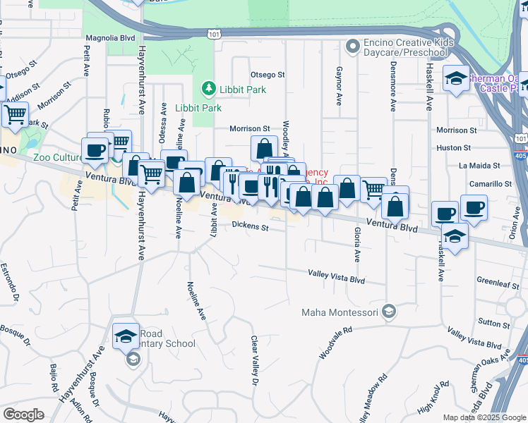 map of restaurants, bars, coffee shops, grocery stores, and more near 16130 Ventura Boulevard in Los Angeles