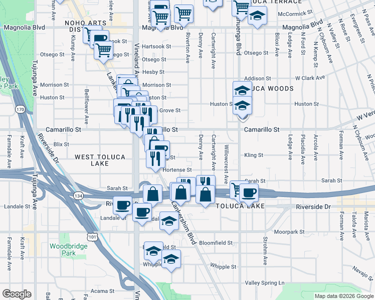 map of restaurants, bars, coffee shops, grocery stores, and more near 10816 Blix Street in Los Angeles