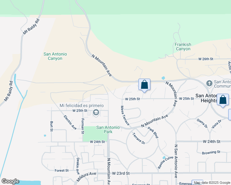 map of restaurants, bars, coffee shops, grocery stores, and more near 75 Canyon Drive in Upland