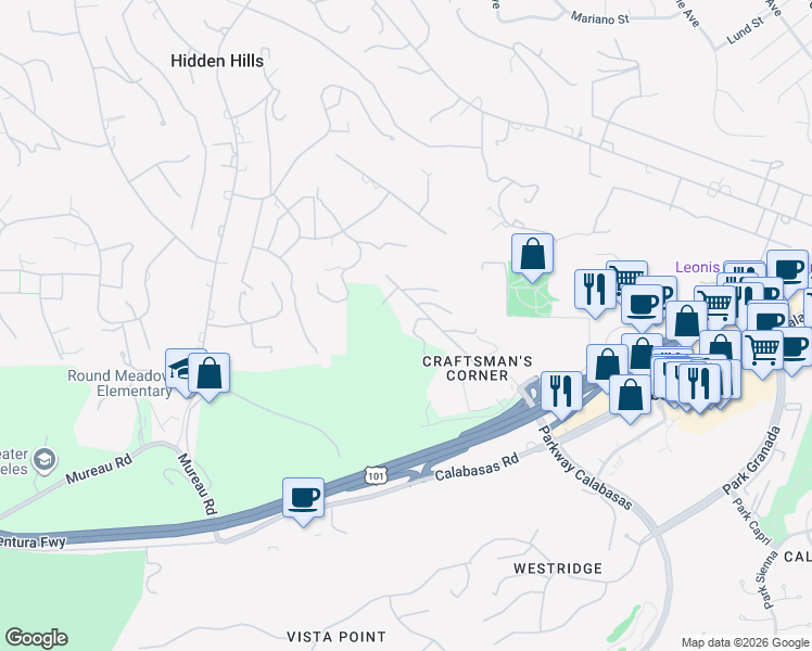 map of restaurants, bars, coffee shops, grocery stores, and more near 5077 Schumacher Road in Calabasas