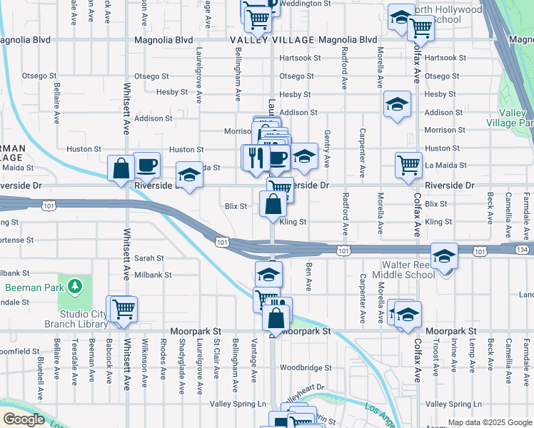 map of restaurants, bars, coffee shops, grocery stores, and more near 4740 Laurel Canyon Boulevard in Los Angeles