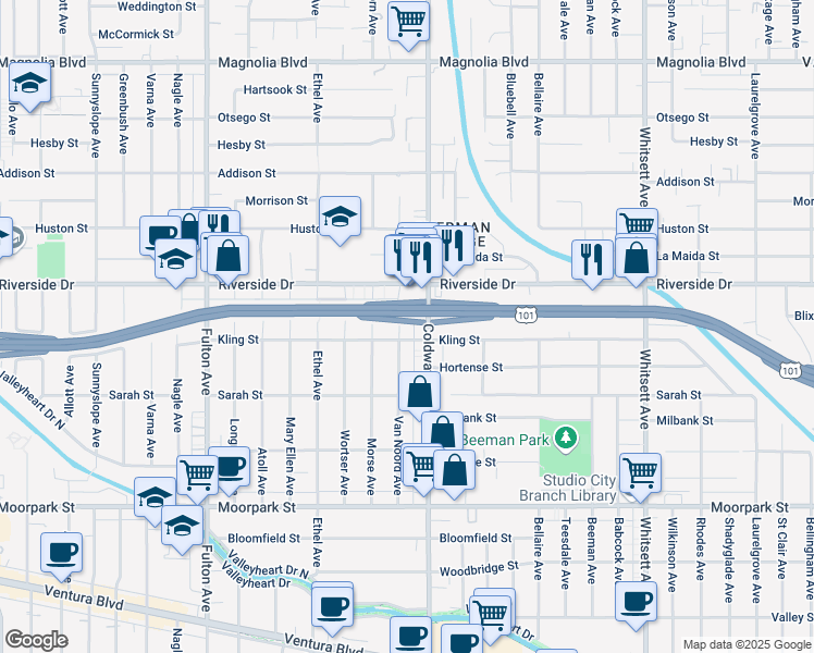 map of restaurants, bars, coffee shops, grocery stores, and more near 4712 Van Noord Avenue in Los Angeles