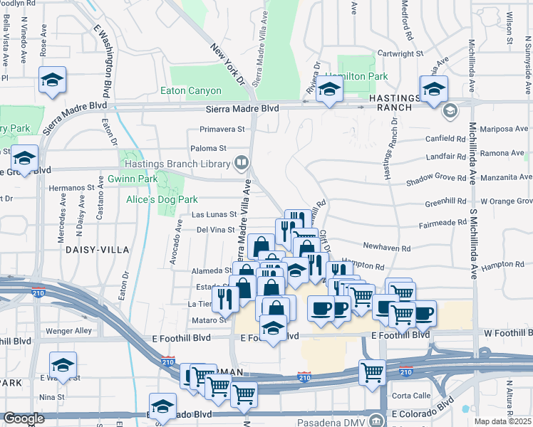 map of restaurants, bars, coffee shops, grocery stores, and more near 639 North Rosemead Boulevard in Pasadena