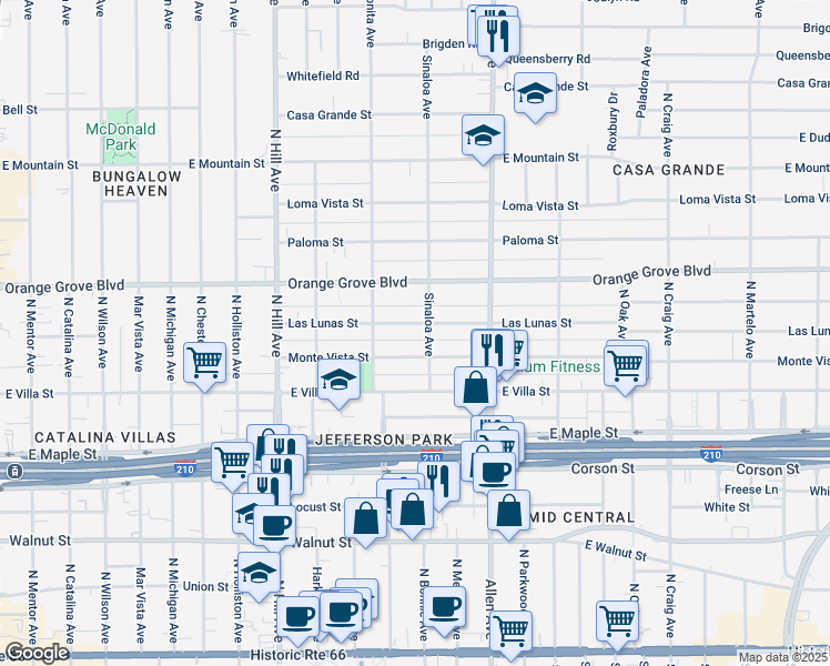 map of restaurants, bars, coffee shops, grocery stores, and more near 1660 Las Lunas Street in Pasadena