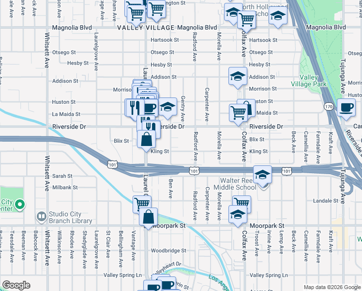 map of restaurants, bars, coffee shops, grocery stores, and more near 11935 Kling Street in Los Angeles