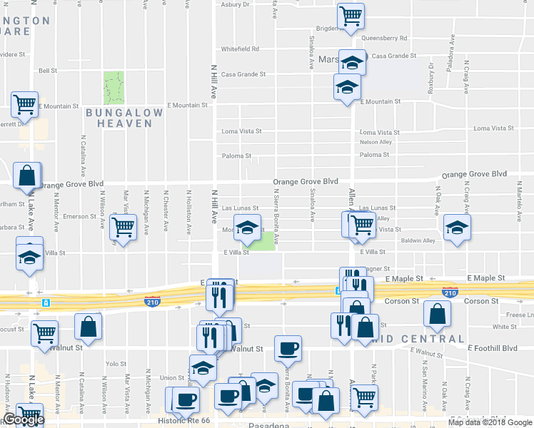 map of restaurants, bars, coffee shops, grocery stores, and more near 1554 Las Lunas Street in Pasadena