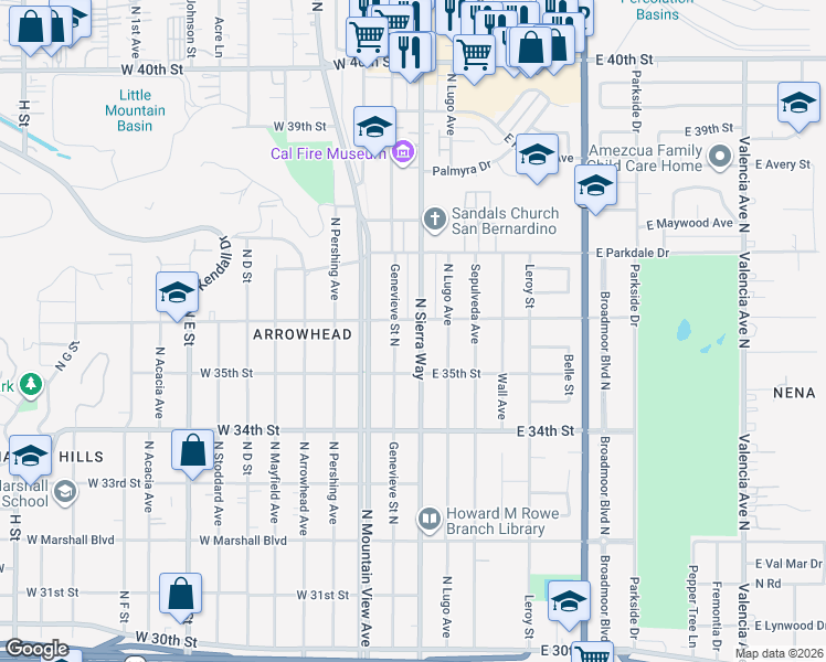 map of restaurants, bars, coffee shops, grocery stores, and more near 3588 North Sierra Way in San Bernardino