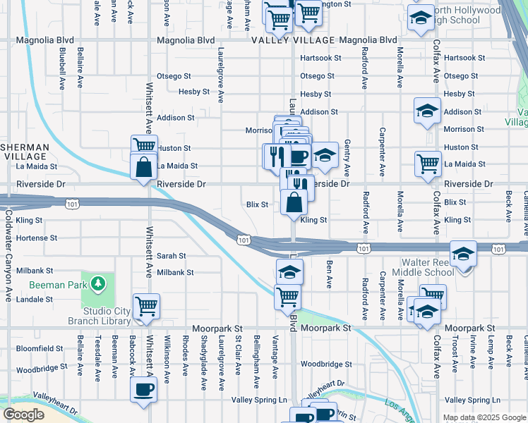 map of restaurants, bars, coffee shops, grocery stores, and more near 12140 Blix Street in Los Angeles