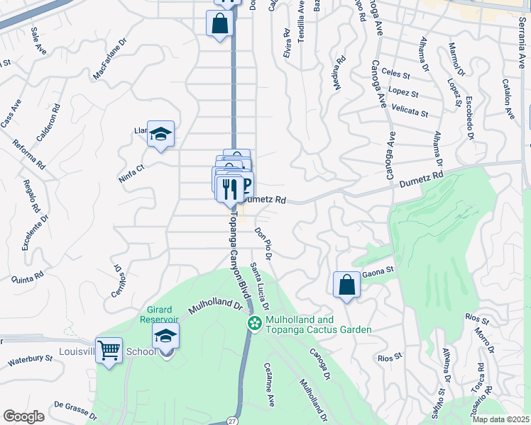 map of restaurants, bars, coffee shops, grocery stores, and more near 21830 Dumetz Road in Los Angeles
