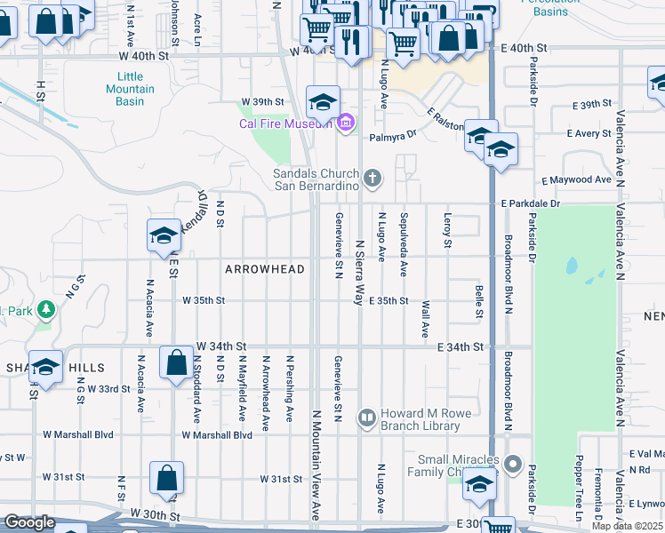 map of restaurants, bars, coffee shops, grocery stores, and more near 3588 Genevieve Street in San Bernardino