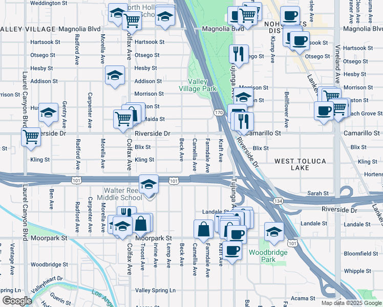 map of restaurants, bars, coffee shops, grocery stores, and more near 4715 Camellia Avenue in Los Angeles