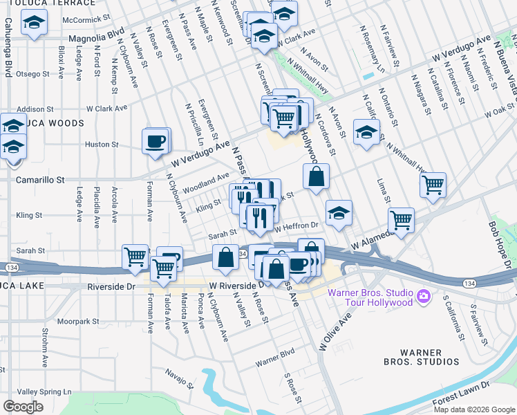 map of restaurants, bars, coffee shops, grocery stores, and more near 3901 West Oak Street in Burbank