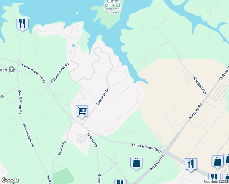 map of restaurants, bars, coffee shops, grocery stores, and more near 6120 Hutchins Drive in Buford