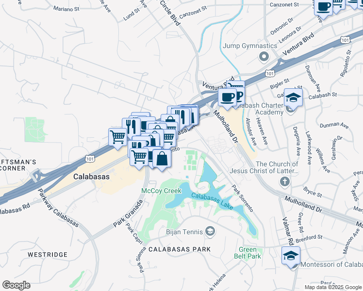 map of restaurants, bars, coffee shops, grocery stores, and more near 23491 Park Sorrento in Calabasas