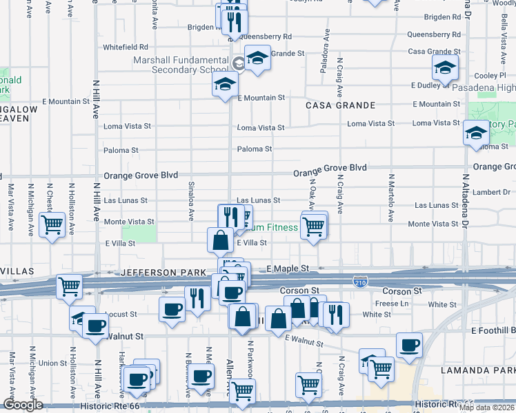 map of restaurants, bars, coffee shops, grocery stores, and more near 1890 Las Lunas Street in Pasadena