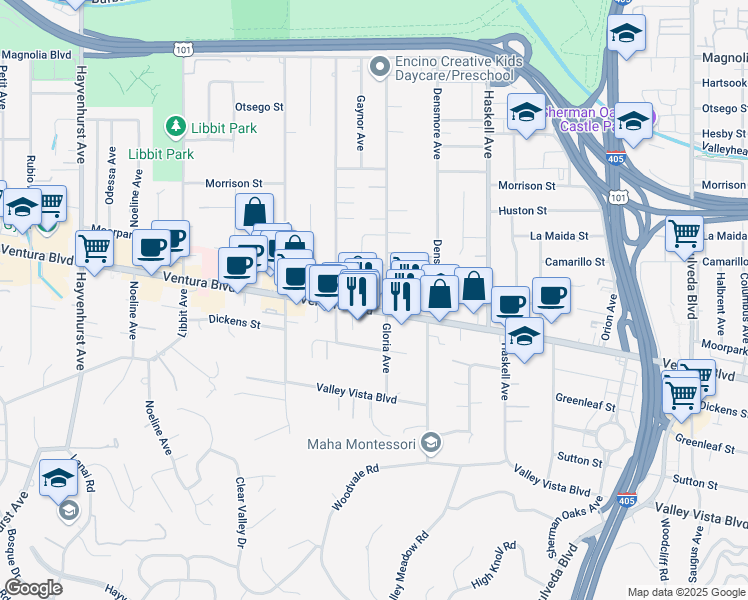 map of restaurants, bars, coffee shops, grocery stores, and more near 15945 Ventura Boulevard in Los Angeles