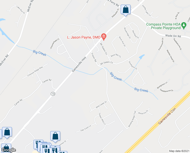 map of restaurants, bars, coffee shops, grocery stores, and more near 5388 Frazer Road in Buford