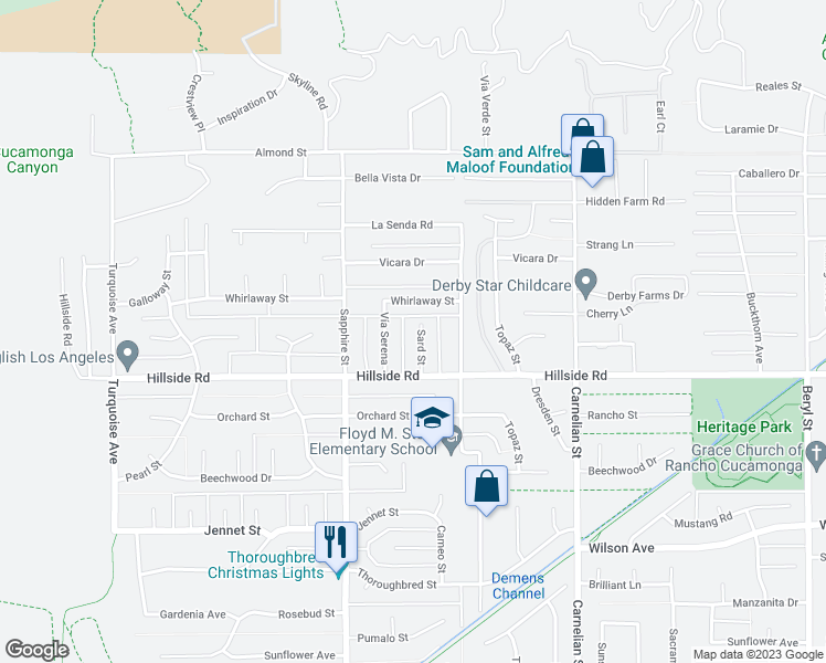 map of restaurants, bars, coffee shops, grocery stores, and more near 5432 Sard Street in Rancho Cucamonga