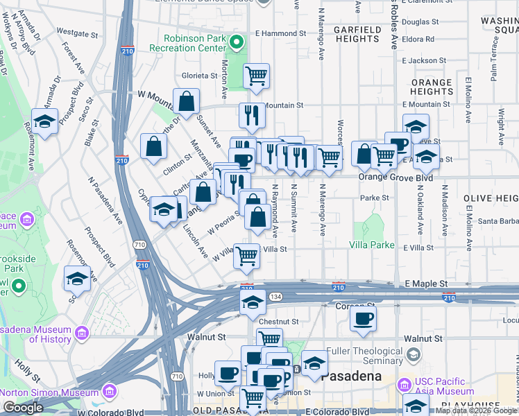 map of restaurants, bars, coffee shops, grocery stores, and more near 608 North Fair Oaks Avenue in Pasadena