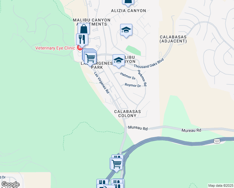 map of restaurants, bars, coffee shops, grocery stores, and more near 5487 Ruthwood Drive in Calabasas