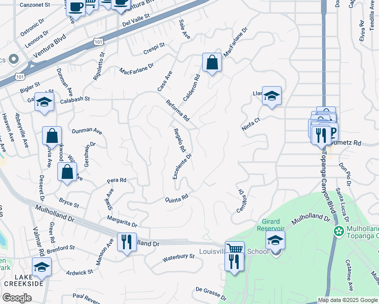 map of restaurants, bars, coffee shops, grocery stores, and more near 4809 Excelente Drive in Los Angeles