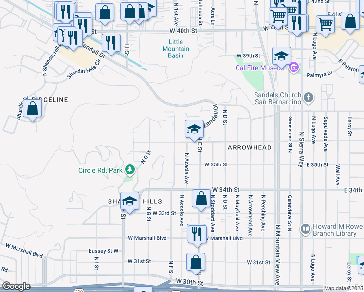 map of restaurants, bars, coffee shops, grocery stores, and more near 563 West 36th Street in San Bernardino