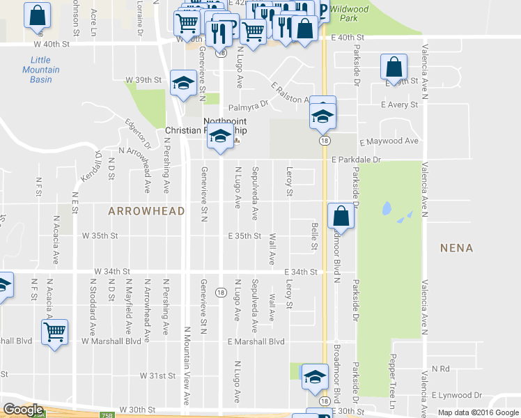 map of restaurants, bars, coffee shops, grocery stores, and more near 3587 Sepulveda Avenue in San Bernardino