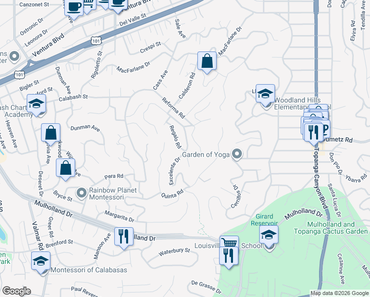 map of restaurants, bars, coffee shops, grocery stores, and more near 4801 Excelente Drive in Los Angeles