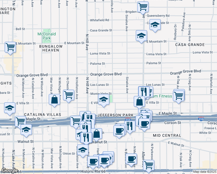 map of restaurants, bars, coffee shops, grocery stores, and more near 1516 Las Lunas Street in Pasadena