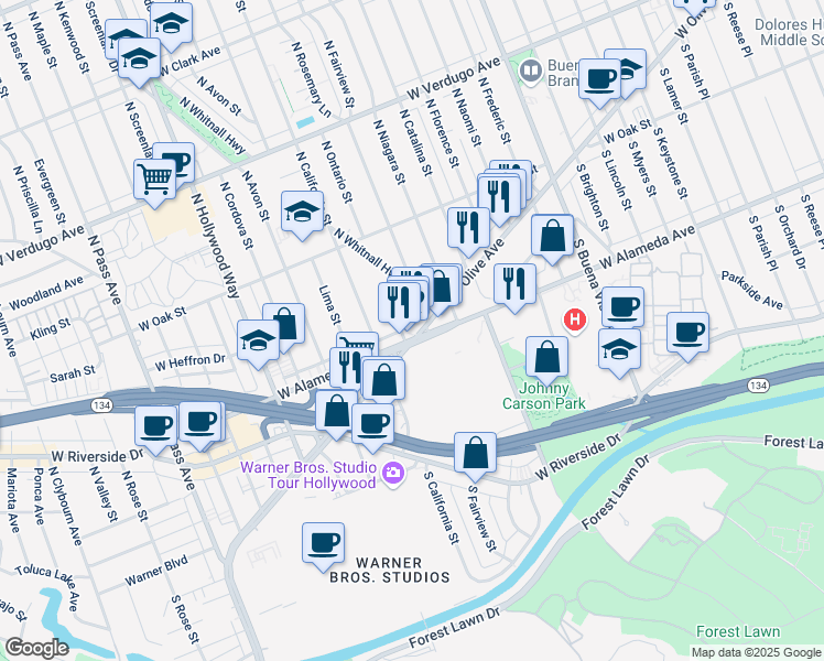 map of restaurants, bars, coffee shops, grocery stores, and more near 3111 West Olive Avenue in Burbank