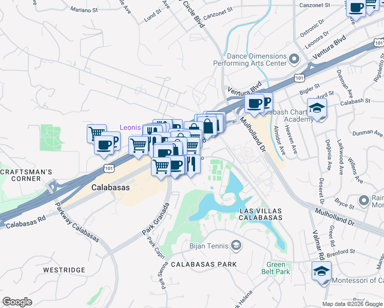 map of restaurants, bars, coffee shops, grocery stores, and more near 23501 Park Sorrento in Calabasas