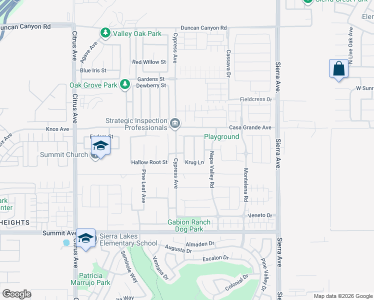 map of restaurants, bars, coffee shops, grocery stores, and more near 5385 La Bodega Way in Fontana