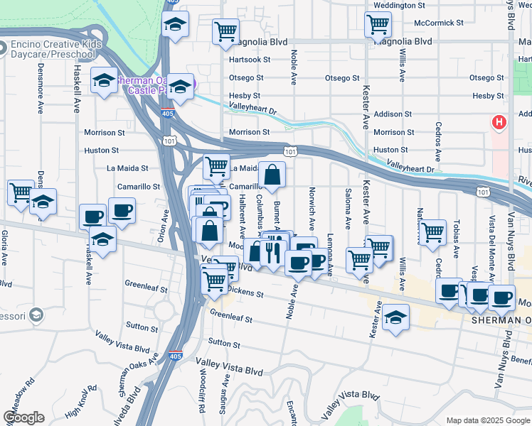 map of restaurants, bars, coffee shops, grocery stores, and more near 4725 Columbus Avenue in Los Angeles